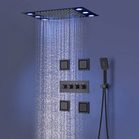 Cascada Thermostatic 14 x 20 Inch square LED Shower System with 4-Way Shower Mixer, Rainfall, 4 Massage Jets Spray Body Shower Set and Hand Shower shower head with handheld rain LED rainfall 4 knob handle shower heads high pressure black hand held system holder waterfall spray matte gold kit chrome oil rubbed bronze mixer ceiling mount 4 way thermostatic square showers 4 jets spray body massage