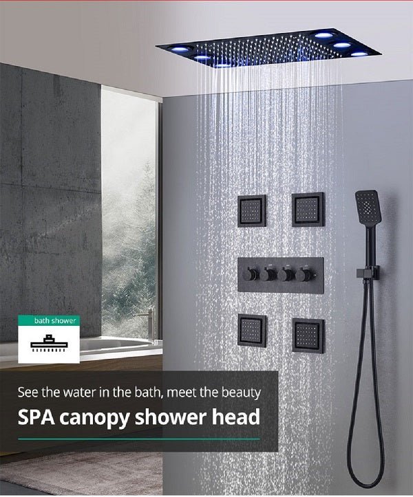 Cascada Thermostatic 14 x 20 Inch square LED Shower System with 4-Way Shower Mixer, Rainfall, 4 Massage Jets Spray Body Shower Set and Hand Shower shower head with handheld rain LED rainfall 4 knob handle shower heads high pressure black hand held system holder waterfall spray matte gold kit chrome oil rubbed bronze mixer ceiling mount 4 way thermostatic square showers 4 jets spray body massage