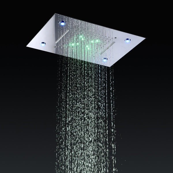 Cascada Luxurious 14" x 20" Large Multicolor LED Shower System with Color Changing Remote Controller & 3-Way Shower Mixer (Rainfall, 6 Massage Jets Spray Body and Hand Shower) shower head with handheld rain multicolor led rainfall 3 knob valve handle shower head high pressure black handheld system holder 6 massage jets body gold kit chrome oil rubbed bronze mixer modern ceiling mount 3 way thermostatic square shower system