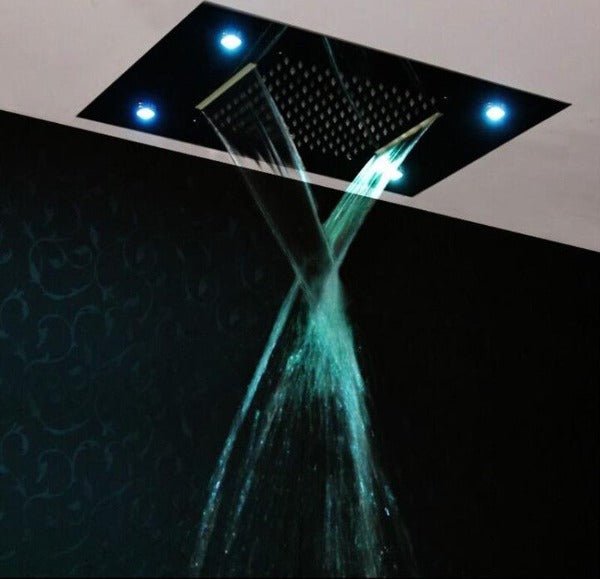 Cascada Luxurious 14" x 20" Large Multicolor LED Shower System with Color Changing Remote Controller & 3-Way Shower Mixer (Rainfall, 6 Massage Jets Spray Body and Hand Shower) shower head with handheld rain multicolor led rainfall 3 knob valve handle shower head high pressure black handheld system holder 6 massage jets body gold kit chrome oil rubbed bronze mixer modern ceiling mount 3 way thermostatic square shower system