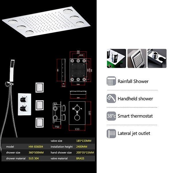 14"x20" Rectangle Ceiling Mounted LED Shower System - Cascada Showers Cascada Luxury 14" x 20" Rectangle Ceiling Mounted LED Shower System With 3-Way Thermostatic Valve (dual handle), 3 Massage Jets Spray Body Shower Set & Remote Control App shower head with handheld rain LED rainfall dual valve handle shower heads high pressure black hand held system holder 3 jet body spray matte fixture gold kit chrome oil rubbed bronze mixer modern ceiling mount 3 way thermostatic square shower system