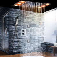 14"x20" Rectangle Ceiling Mounted LED Shower System - Cascada Showers Cascada Luxury 14" x 20" Rectangle Ceiling Mounted LED Shower System With 3-Way Thermostatic Valve (dual handle), 3 Massage Jets Spray Body Shower Set & Remote Control App shower head with handheld rain LED rainfall dual valve handle shower heads high pressure black hand held system holder 3 jet body spray matte fixture gold kit chrome oil rubbed bronze mixer modern ceiling mount 3 way thermostatic square shower system