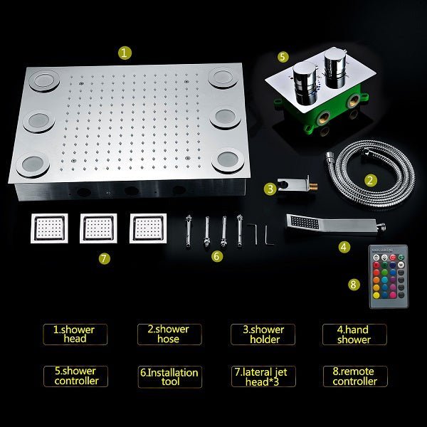 14"x20" Rectangle Ceiling Mounted LED Shower System - Cascada Showers Cascada Luxury 14" x 20" Rectangle Ceiling Mounted LED Shower System With 3-Way Thermostatic Valve (dual handle), 3 Massage Jets Spray Body Shower Set & Remote Control App shower head with handheld rain LED rainfall dual valve handle shower heads high pressure black hand held system holder 3 jet body spray matte fixture gold kit chrome oil rubbed bronze mixer modern ceiling mount 3 way thermostatic square shower system