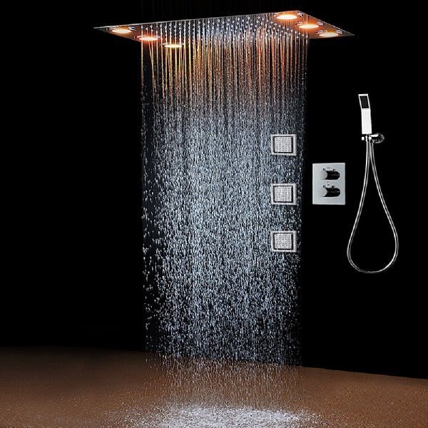 14"x20" Rectangle Ceiling Mounted LED Shower System - Cascada Showers Cascada Luxury 14" x 20" Rectangle Ceiling Mounted LED Shower System With 3-Way Thermostatic Valve (dual handle), 3 Massage Jets Spray Body Shower Set & Remote Control App shower head with handheld rain LED rainfall dual valve handle shower heads high pressure black hand held system holder 3 jet body spray matte fixture gold kit chrome oil rubbed bronze mixer modern ceiling mount 3 way thermostatic square shower system