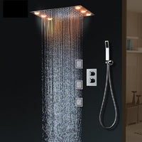 14"x20" Rectangle Ceiling Mounted LED Shower System - Cascada Showers Cascada Luxury 14" x 20" Rectangle Ceiling Mounted LED Shower System With 3-Way Thermostatic Valve (dual handle), 3 Massage Jets Spray Body Shower Set & Remote Control App shower head with handheld rain LED rainfall dual valve handle shower heads high pressure black hand held system holder 3 jet body spray matte fixture gold kit chrome oil rubbed bronze mixer modern ceiling mount 3 way thermostatic square shower system