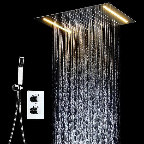 14"x20" White LED Shower Set with Dual Thermostatic Valve - Cascada Showers Cascada Luxury 14" x 20" Square White LED Shower System (Ceiling Mounted) with Dual Thermostatic Valve & 2 Mode Functions (Rainfall & Handheld Shower) shower head with handheld rain White LED rainfall dual valve handle showerheads high-pressure black handheld system holder matte fixture gold kit chrome oil rubbed bronze handshowers mixer modern Ceiling mount 3-way thermostatic square showers system