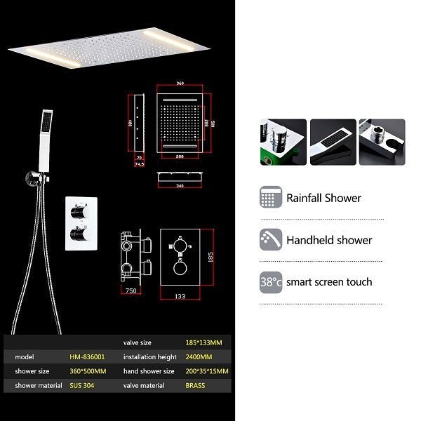 14"x20" White LED Shower Set with Dual Thermostatic Valve - Cascada Showers Cascada Luxury 14" x 20" Square White LED Shower System (Ceiling Mounted) with Dual Thermostatic Valve & 2 Mode Functions (Rainfall & Handheld Shower) shower head with handheld rain White LED rainfall dual valve handle showerheads high-pressure black handheld system holder matte fixture gold kit chrome oil rubbed bronze handshowers mixer modern Ceiling mount 3-way thermostatic square showers system