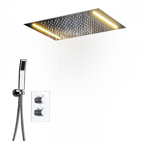 14"x20" White LED Shower Set with Dual Thermostatic Valve - Cascada Showers Cascada Luxury 14" x 20" Square White LED Shower System (Ceiling Mounted) with Dual Thermostatic Valve & 2 Mode Functions (Rainfall & Handheld Shower) shower head with handheld rain White LED rainfall dual valve handle showerheads high-pressure black handheld system holder matte fixture gold kit chrome oil rubbed bronze handshowers mixer modern Ceiling mount 3-way thermostatic square showers system