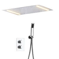 14"x20" White LED Shower Set with Dual Thermostatic Valve - Cascada Showers Cascada Luxury 14" x 20" Square White LED Shower System (Ceiling Mounted) with Dual Thermostatic Valve & 2 Mode Functions (Rainfall & Handheld Shower) shower head with handheld rain White LED rainfall dual valve handle showerheads high-pressure black handheld system holder matte fixture gold kit chrome oil rubbed bronze handshowers mixer modern Ceiling mount 3-way thermostatic square showers system