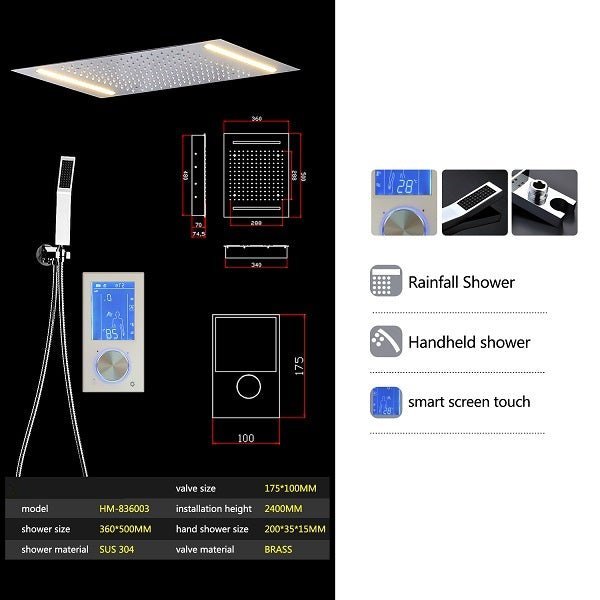 Cascada Luxury 14" x 20" Square White LED Shower System (Ceiling Mounted) with Dual Thermostatic Valve & 2 Mode Functions (Rainfall & Handheld Shower) shower head with handheld rain White LED rainfall dual valve handle showerheads high-pressure black handheld system holder matte fixture gold kit chrome oil rubbed bronze handshowers mixer modern Ceiling mount 3-way thermostatic square showers system