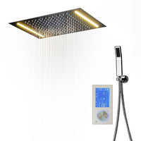 Cascada Luxury 14" x 20" Square White LED Shower System (Ceiling Mounted) with Dual Thermostatic Valve & 2 Mode Functions (Rainfall & Handheld Shower) shower head with handheld rain White LED rainfall dual valve handle showerheads high-pressure black handheld system holder matte fixture gold kit chrome oil rubbed bronze handshowers mixer modern Ceiling mount 3-way thermostatic square showers system