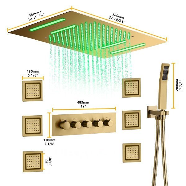 Cascada Luxury 23”x15” Music LED shower system with built-in Bluetooth Speakers,5 function (Rainfall,Waterfall,Misty,body jets & HandShower) & Remote Control 64 Color Lights cascada system LED bluetooth shower head speaker hot cold music rain rainfall musical light showerhead body spray jet waterfall misty ceiling mounted handheld high pressure thermostatic mixer holder black matte chrome oil rubbed bronze remote control