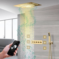 Cascada Luxury 23”x15” Music LED shower system with built-in Bluetooth Speakers,5 function (Rainfall,Waterfall,Misty,body jets & HandShower) & Remote Control 64 Color Lights cascada system LED bluetooth shower head speaker hot cold music rain rainfall musical light showerhead body spray jet waterfall misty ceiling mounted handheld high pressure thermostatic mixer holder black matte chrome oil rubbed bronze remote control