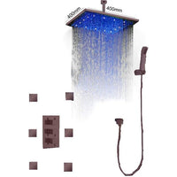 Cascada Thermostatic 14 x 20 Inch square LED Shower System with 4-Way Shower Mixer, Rainfall, 4 Massage Jets Spray Body Shower Set and Hand Shower shower head with handheld rain LED rainfall 4 knob handle shower heads high pressure black hand held system holder waterfall spray matte gold kit chrome oil rubbed bronze mixer ceiling mount 4 way thermostatic square showers 4 jets spray body massage