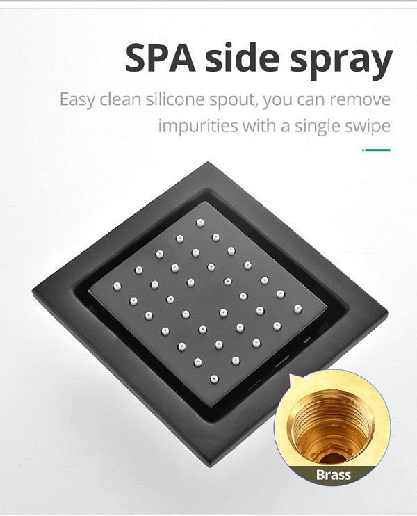 Cascada Thermostatic 14 x 20 Inch square LED Shower System with 4-Way Shower Mixer, Rainfall, 4 Massage Jets Spray Body Shower Set and Hand Shower shower head with handheld rain LED rainfall 4 knob handle shower heads high pressure black hand held system holder waterfall spray matte gold kit chrome oil rubbed bronze mixer ceiling mount 4 way thermostatic square showers 4 jets spray body massage
