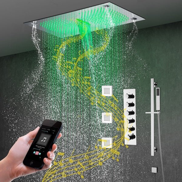 Cascada 16”x28” Music LED shower system with built-in Bluetooth Speakers, 5 functions (Rain, Waterfall, Mist Outlet, Body Jet & HandShower) & Remote Control 64 Color Lights (Polished Gold) cascada system LED bluetooth shower head speaker hot cold music rain rainfall musical lights showerhead body spray jet waterfall misty ceiling mounted handheld high pressure multicolor holder thermostatic chrome oil rubbed bronze mixer remote control