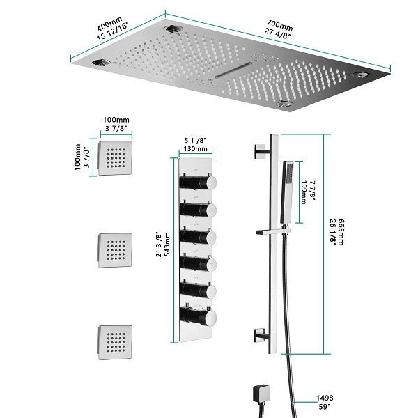 Cascada 16”x28” Music LED shower system with built-in Bluetooth Speakers, 5 functions (Rain, Waterfall, Mist Outlet, Body Jet & HandShower) & Remote Control 64 Color Lights (Polished Gold) cascada system LED bluetooth shower head speaker hot cold music rain rainfall musical lights showerhead body spray jet waterfall misty ceiling mounted handheld high pressure multicolor holder thermostatic chrome oil rubbed bronze mixer remote control