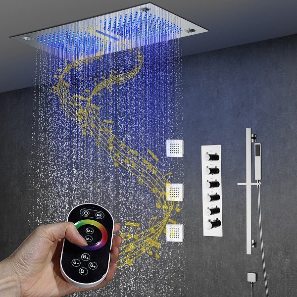 Cascada 16”x28” Music LED shower system with built-in Bluetooth Speakers, 5 functions (Rain, Waterfall, Mist Outlet, Body Jet & HandShower) & Remote Control 64 Color Lights (Polished Gold) cascada system LED bluetooth shower head speaker hot cold music rain rainfall musical lights showerhead body spray jet waterfall misty ceiling mounted handheld high pressure multicolor holder thermostatic chrome oil rubbed bronze mixer remote control