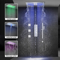 Cascada 16”x28” Music LED shower system with built-in Bluetooth Speakers, 5 functions (Rain, Waterfall, Mist Outlet, Body Jet & HandShower) & Remote Control 64 Color Lights (Polished Gold) cascada system LED bluetooth shower head speaker hot cold music rain rainfall musical lights showerhead body spray jet waterfall misty ceiling mounted handheld high pressure multicolor holder thermostatic chrome oil rubbed bronze mixer remote control