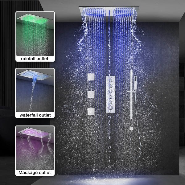 Cascada 16”x28” Music LED shower system with built-in Bluetooth Speakers, 5 functions (Rain, Waterfall, Mist Outlet, Body Jet & HandShower) & Remote Control 64 Color Lights (Polished Gold) cascada system LED bluetooth shower head speaker hot cold music rain rainfall musical lights showerhead body spray jet waterfall misty ceiling mounted handheld high pressure multicolor holder thermostatic chrome oil rubbed bronze mixer remote control