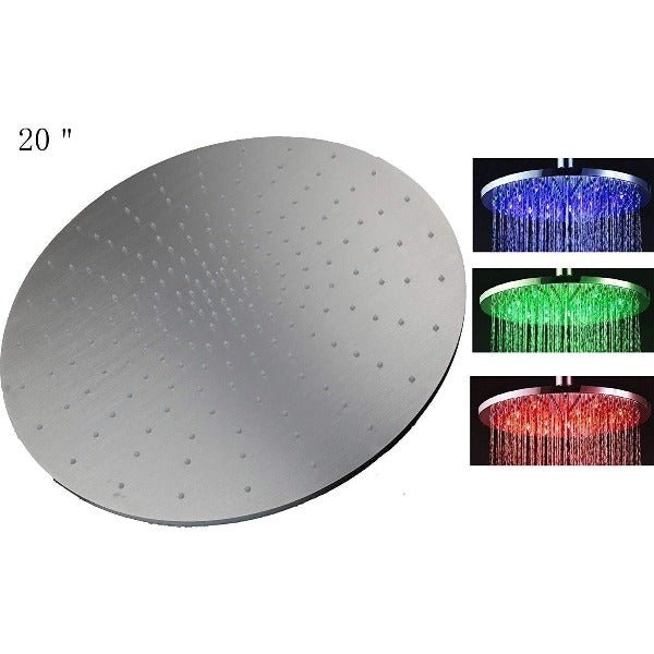 20" Ceiling Mount Round Rainfall LED Shower Head, Stainless Steel - Cascada Showers