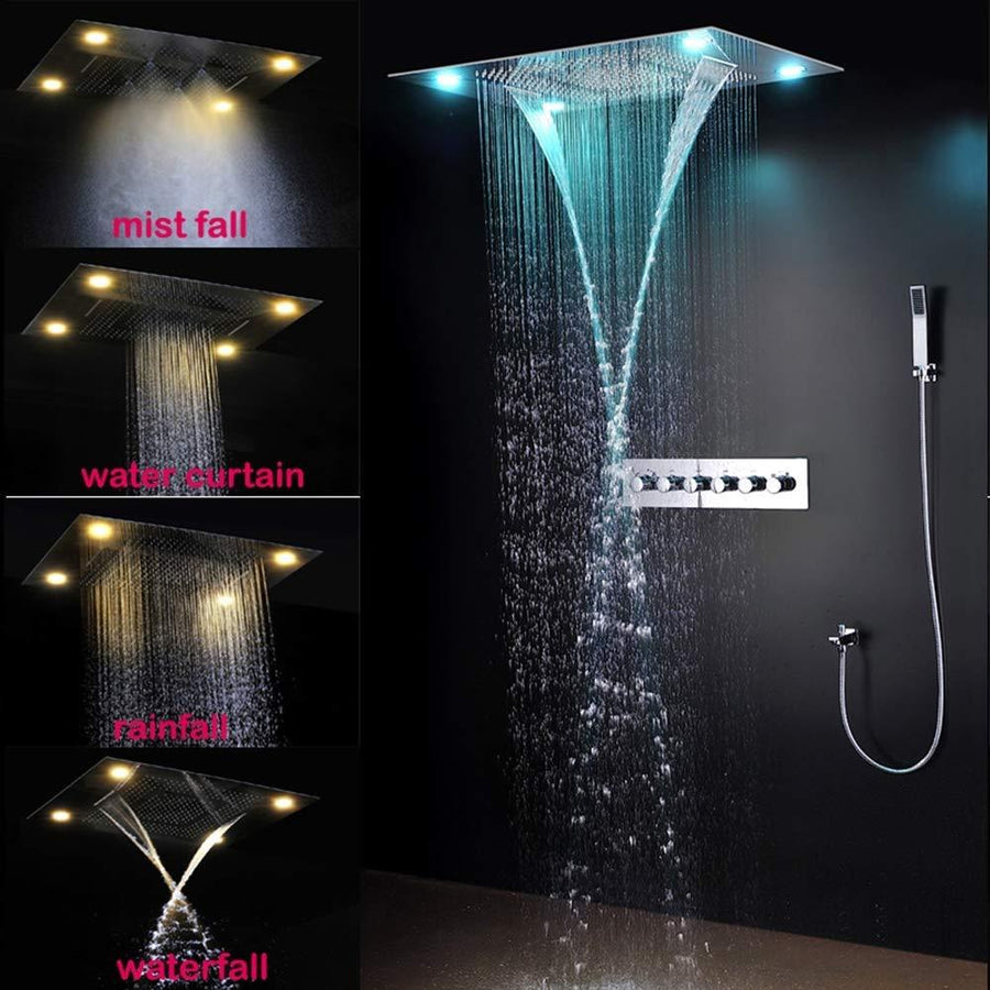 Cascada Classic Design 23"x31" Large shower Set with Waterfall LED rectangle recessed 4 function shower head, massaging body jets & handheld, remote control, Stainless Steel showerhead system rain head shower handheld set complete led bathroom waterfall heads light rainfall Thermostatic 6 knob Shower Set for lights bathroom set Antique Brushed Brass Finish color change ceiling mount Rainfall waterfall Rain Curtain SPA Misting complete shower set bathroom rainfall shower head with handheld