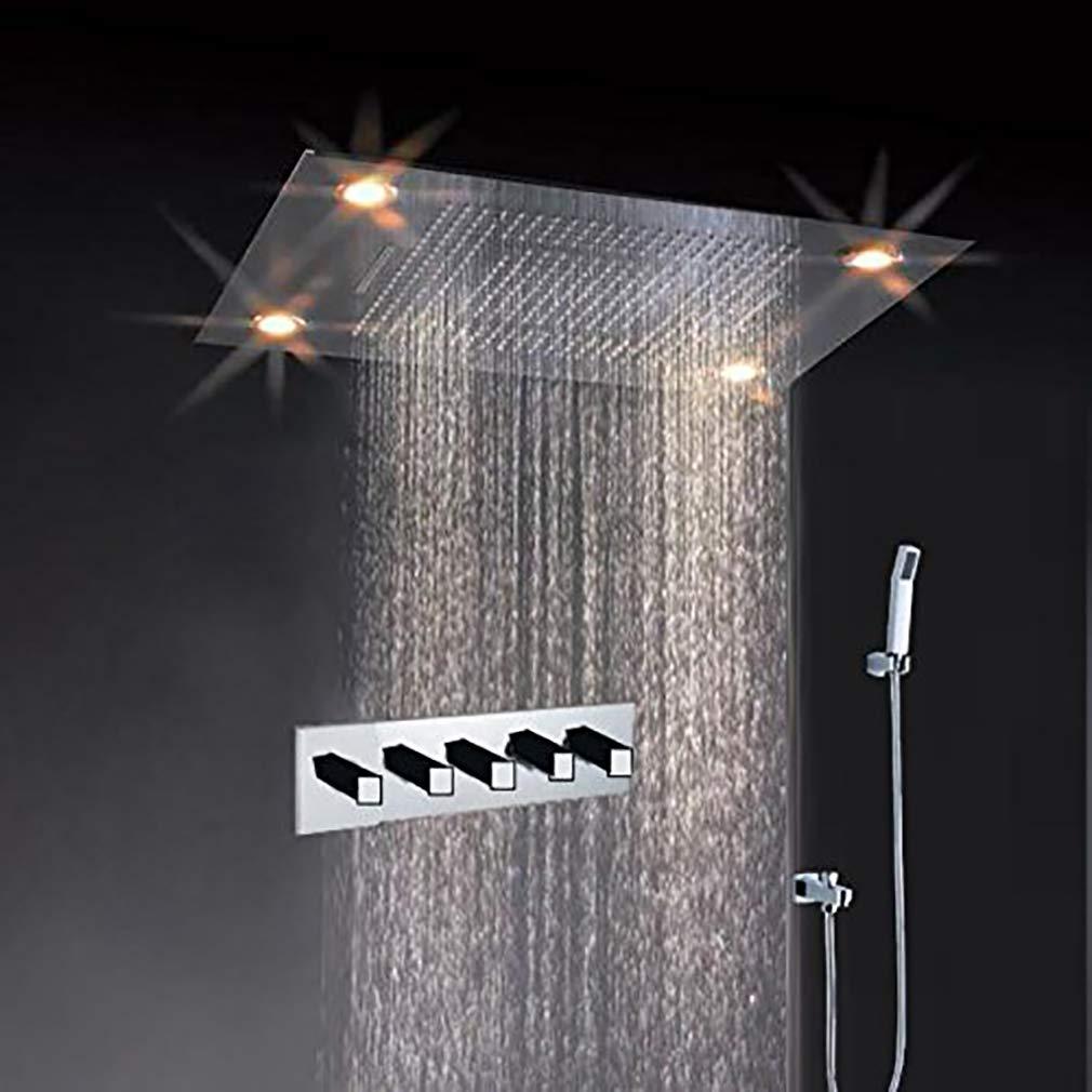 Cascada Classic Design 23"x31" Large shower Set with Waterfall LED rectangle recessed 4 function shower head, massaging body jets & handheld, remote control, Stainless Steel showerhead system rain head shower handheld set complete led bathroom waterfall heads light rainfall Thermostatic 6 knob Shower Set for lights bathroom set Antique Brushed Brass Finish color change ceiling mount Rainfall waterfall Rain Curtain SPA Misting complete shower set bathroom rainfall shower head with handheld