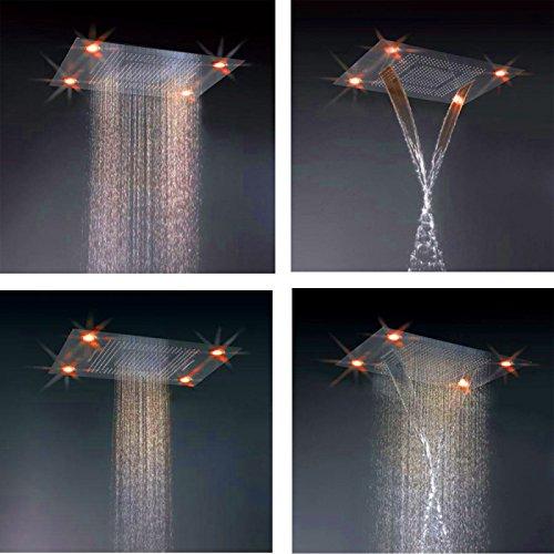 Cascada Classic Design 23"x31" Large shower Set with Waterfall LED rectangle recessed 4 function shower head, massaging body jets & handheld, remote control, Stainless Steel showerhead system rain head shower handheld set complete led bathroom waterfall heads light rainfall Thermostatic 6 knob Shower Set for lights bathroom set Antique Brushed Brass Finish color change ceiling mount Rainfall waterfall Rain Curtain SPA Misting complete shower set bathroom rainfall shower head with handheld