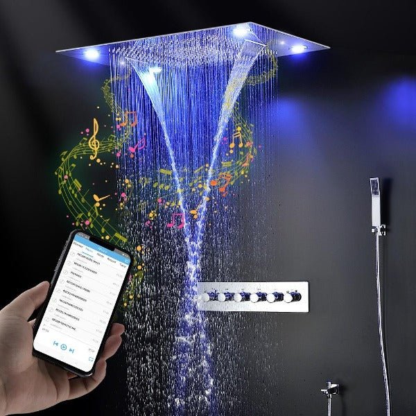 shower head with handheld rain Curtain LED multicolor built in Bluetooth speaker shower heads hand held system holder rainfall waterfall SPA mist matte black gold kit chrome oil rubbed bronze 6 knob valve mixer ceiling mount remote control app system