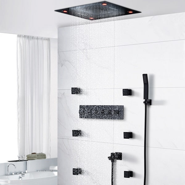 Modern Matte Black Wall Mounted 12 Rainfall Showerhead & Handheld Shower Set with Six Body Spray Jets Thermostatic Solid Brass