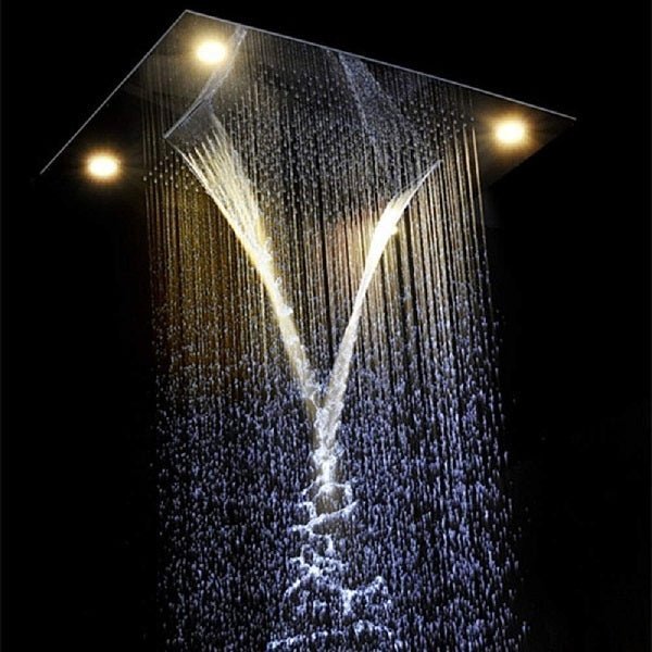 Cascada Classic Design 23"x31" Large shower Set with Waterfall LED rectangle recessed 4 function shower head, massaging body jets & handheld, remote control , Stainless Steel shower head with handheld rain Curtain LED multicolor 6 function shower head, massaging body jets hand held system holder rainfall waterfall SPA mist matte black gold chrome oil rubbed bronze 7 knob valve mixer ceiling mount remote control app system