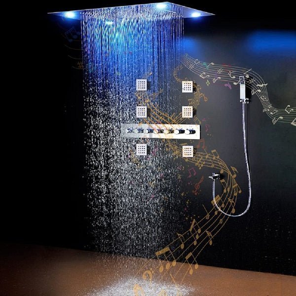cascada system LED bluetooth shower head speaker hot cold music rain rainfall musical lights showerhead body spray jets waterfall misty ceiling mounted handheld high pressure multicolor holder matte black chrome oil rubbed bronze mixer remote control 23"x31" Luxurious Classic Design recessed LED shower system built in Bluetooth speaker