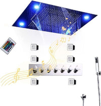 cascada system LED bluetooth shower head speaker hot cold music rain rainfall musical lights showerhead body spray jets waterfall misty ceiling mounted handheld high pressure multicolor holder matte black chrome oil rubbed bronze mixer remote control 23"x31" Luxurious Classic Design recessed LED shower system built in Bluetooth speaker