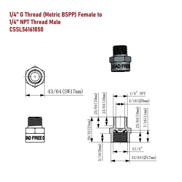 G Thread (Metric BSPP) Female to NPT Male Adapter - Lead Free (1/4