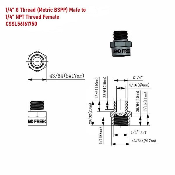 G Thread (Metric BSPP) Male to NPT Thread Female Pipe Fitting Adapter - Lead-Free Adapter - Cascada Showers