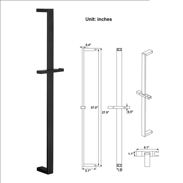 27" Shower Sliding Bar with Adjustable Hand Shower Holder - Square Shape - Cascada Showers