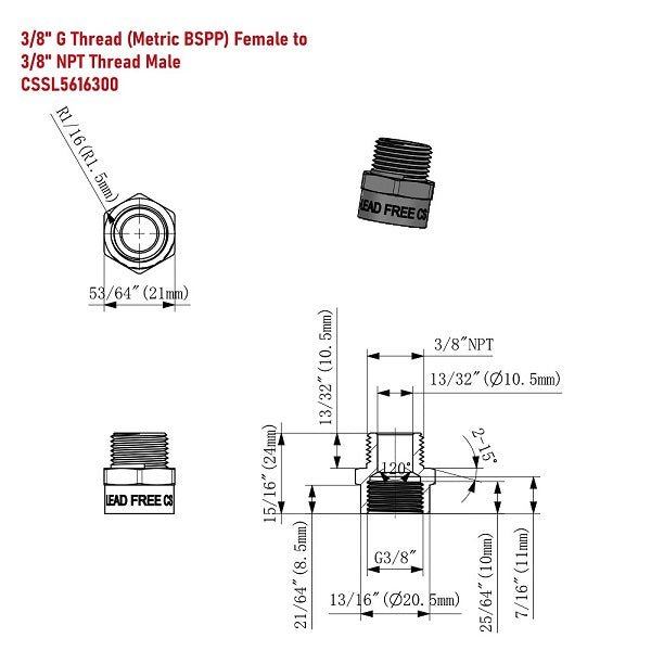 G Thread (Metric BSPP) Female to NPT Male Adapter - Lead Free (3/8" x 3/8")