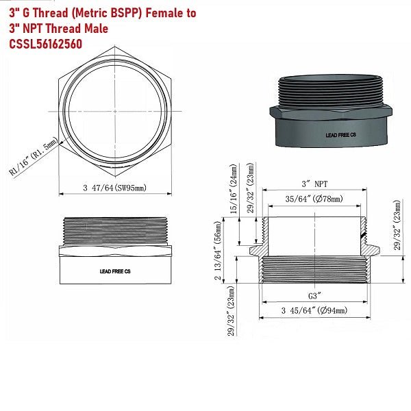G Thread (Metric BSPP) Female to NPT Male Adapter - Lead Free