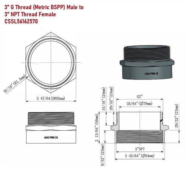 G Thread (Metric BSPP) Male to NPT Thread Female Pipe Fitting Adapter - Lead-Free Adapter - Cascada Showers