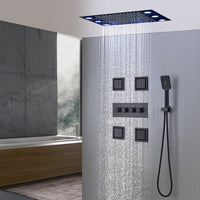 Cascada Thermostatic 14 x 20 Inch square LED Shower System with 4-Way Shower Mixer, Rainfall, 4 Massage Jets Spray Body Shower Set and Hand Shower shower head with handheld rain LED rainfall 4 knob handle shower heads high pressure black hand held system holder waterfall spray matte gold kit chrome oil rubbed bronze mixer ceiling mount 4 way thermostatic square showers 4 jets spray body massage