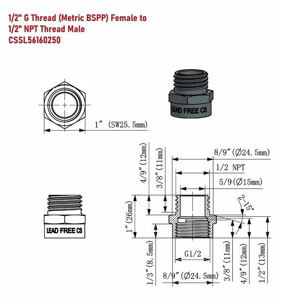 G Thread (Metric BSPP) Female to NPT Male Pipe Fittings Connector - Lead Free (1/2