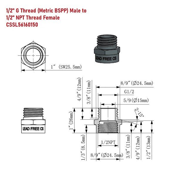 G Thread (Metric BSPP) Male to NPT Thread Female Pipe Fitting Adapter - Lead-Free Adapter - Cascada Showers