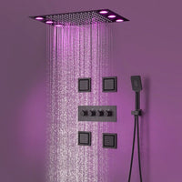 Cascada Thermostatic 14 x 20 Inch square LED Shower System with 4-Way Shower Mixer, Rainfall, 4 Massage Jets Spray Body Shower Set and Hand Shower shower head with handheld rain LED rainfall 4 knob handle shower heads high pressure black hand held system holder waterfall spray matte gold kit chrome oil rubbed bronze mixer ceiling mount 4 way thermostatic square showers 4 jets spray body massage