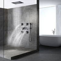 Cascada Thermostatic 14 x 20 Inch square LED Shower System with 4-Way Shower Mixer, Rainfall, 4 Massage Jets Spray Body Shower Set and Hand Shower shower head with handheld rain LED rainfall 4 knob handle shower heads high pressure black hand held system holder waterfall spray matte gold kit chrome oil rubbed bronze mixer ceiling mount 4 way thermostatic square showers 4 jets spray body massage