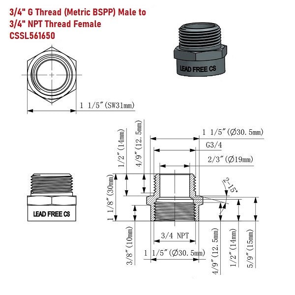G Thread (Metric BSPP) Male to NPT Female Pipe Fitting Connector - Lead Free (3/4