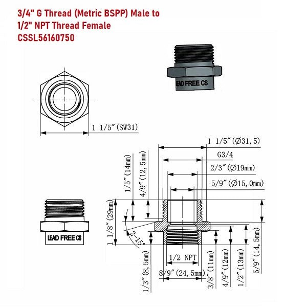 G Thread (Metric BSPP) Male to NPT Thread Female Pipe Fitting Adapter - Lead-Free Adapter - Cascada Showers