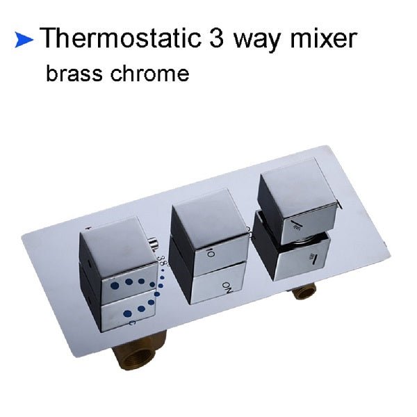Cascada Luxury 14" x 20" Square Ceiling Mounted LED Shower System With 2-Way Thermostatic Valve (3 knobs), 2 Mode Function (Rainfall & Handheld Shower) shower head with handheld rain White LED & NON LED rainfall 3 valve handle shower heads high pressure black hand held system holder matte fixtures gold kit chrome oil rubbed bronze mixer modern ceiling mount 2 way thermostatic square showers system