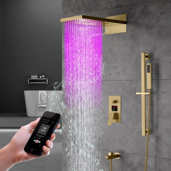 Cascada Luxury 22” Music LED shower system (Wall Mounted) with Single Valve & LCD Display, 3 function (Rain, Waterfall & Hand Shower) & Remote Control 64 Color Lights (Matt Black) cascada system LED bluetooth shower head with handheld speaker hot cold music rain rainfall musical light showerhead body spray jet waterfall lifting rod wall mounted high pressure thermostatic mixer black matte chrome oilrubbed bronze remote control