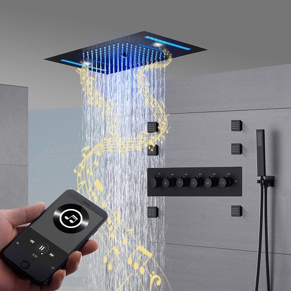 Cascada Luxury 15”x23” Music LED shower system with built-in Bluetooth Speakers, 5 functions (Waterfall, Rain, Rain Curtain, body jets) & Remote Control 64 Color Lights cascada system LED bluetooth shower head speaker hot cold music rain rainfall musical lights showerhead body spray jets waterfall misty ceiling mounted handheld high pressure multicolor holder matte black chrome oil rubbed bronze mixer remote control
