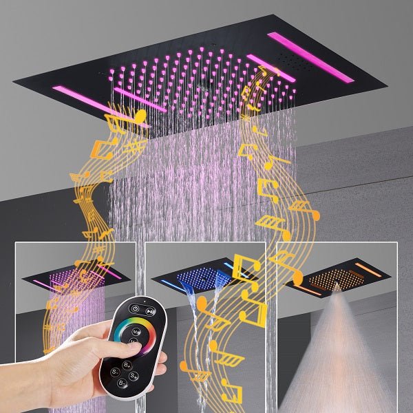 Cascada Luxury 15”x23” Music LED shower system with built-in Bluetooth Speakers, 5 functions (Waterfall, Rain, Rain Curtain, body jets) & Remote Control 64 Color Lights cascada system LED bluetooth shower head speaker hot cold music rain rainfall musical lights showerhead body spray jets waterfall misty ceiling mounted handheld high pressure multicolor holder matte black chrome oil rubbed bronze mixer remote control